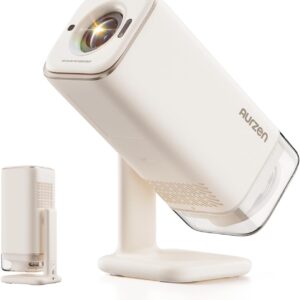 Projecteur Portable Aurzen BOOM Air avec Google TV – WiFi & Bluetooth, Alimentation USB-C, Projecteur Intelligent pour Cinéma Maison et Extérieur, Compatible 4K, Autofocus Temps Réel, Dolby Audio, Support Réglable, Blanc Cassé