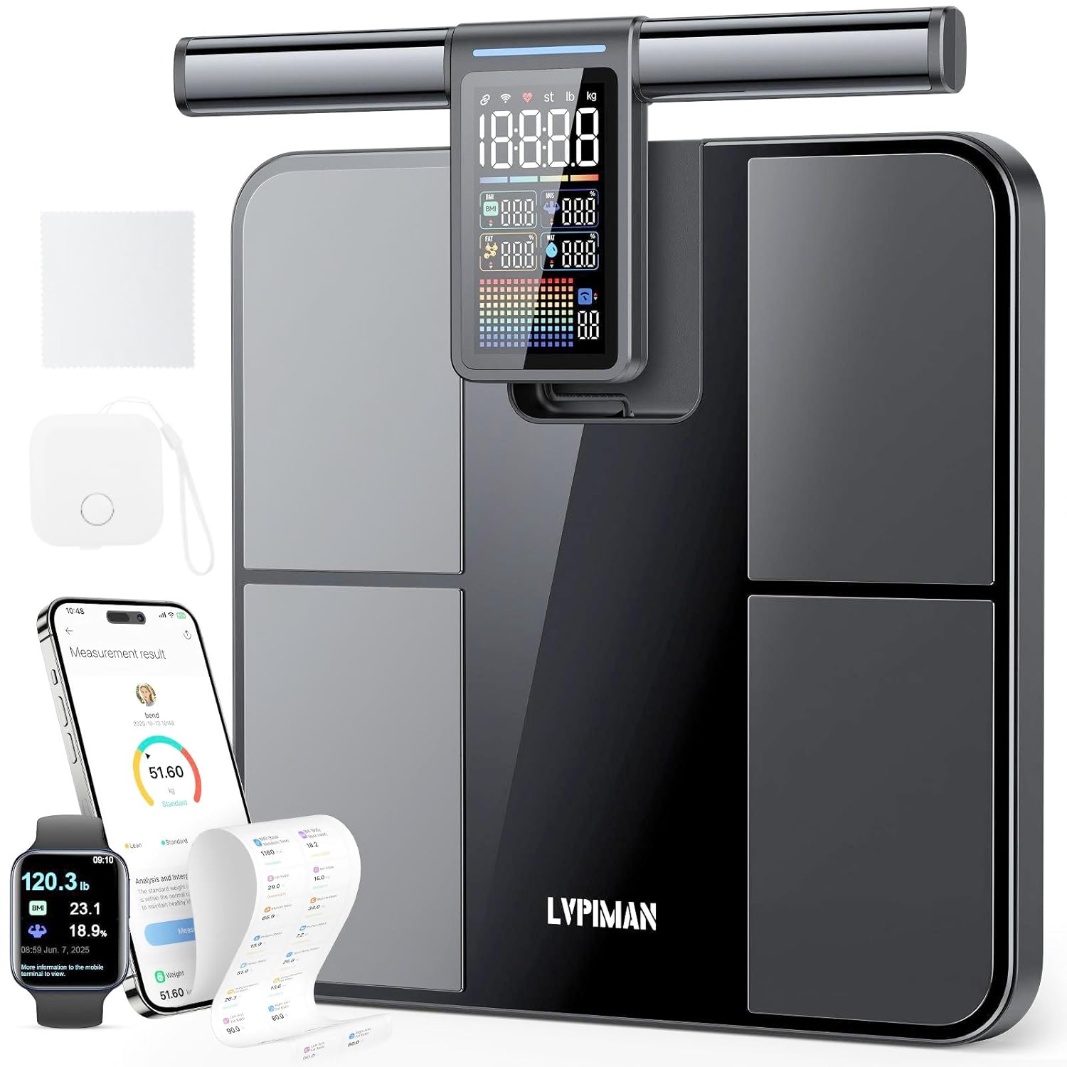 Balance Connectée Walsmarket – WiFi & Bluetooth, 57 Mesures Corporelles, Analyse Complète à 8 Électrodes, Poignée Écran Couleur, Balance Numérique Haute Précision pour la Maison